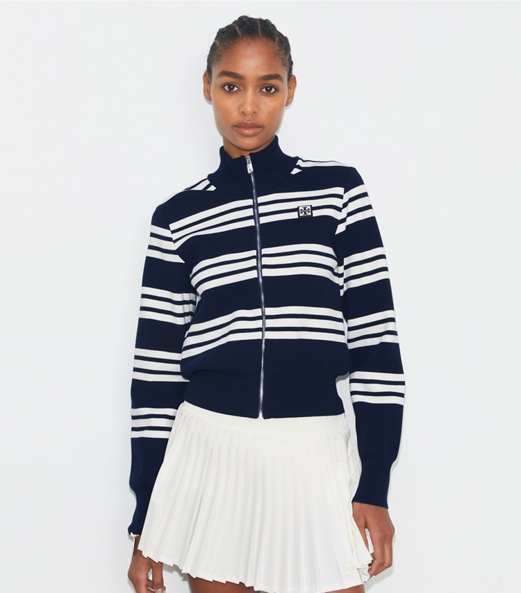 Tory Sport designer jackets Striped Viscose Track Jacket in Tory Navy City Stripe on model detail