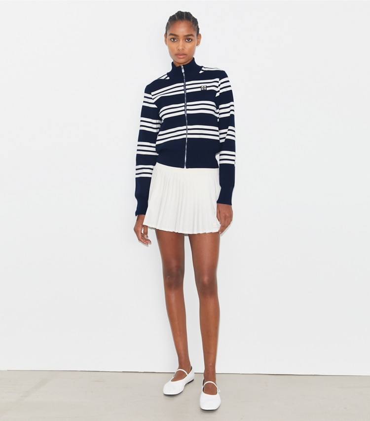 Tory Sport designer jackets Striped Viscose Track Jacket in Tory Navy City Stripe on model front