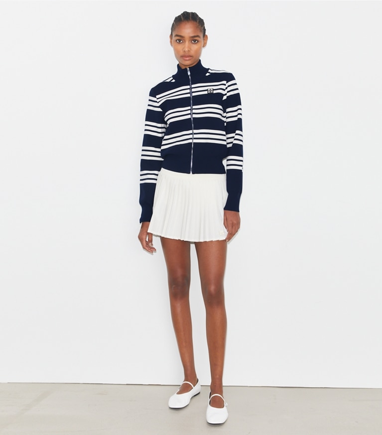Tory Sport designer jackets Striped Viscose Track Jacket in Tory Navy City Stripe front