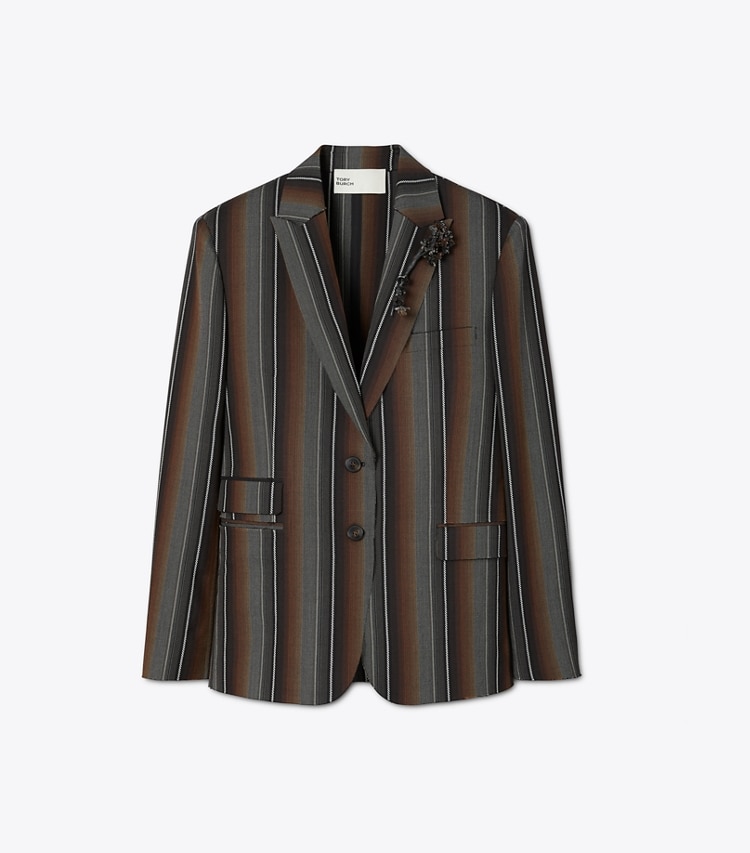 Tory Burch designer jackets Striped Wool Jacquard Jacket in Black/Rust front