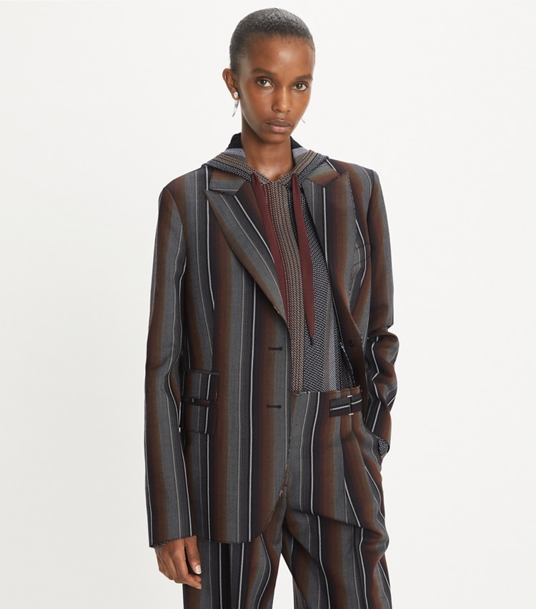Tory Burch designer jackets Striped Wool Jacquard Jacket in Black/Rust on model detail