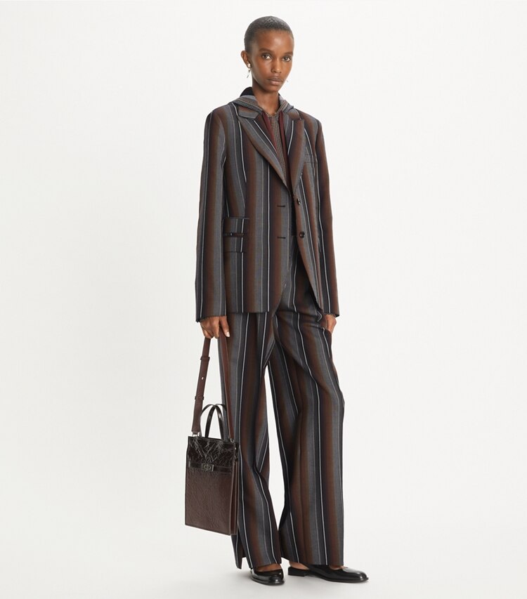 Tory Burch designer jackets Striped Wool Jacquard Jacket in Black/Rust on model front