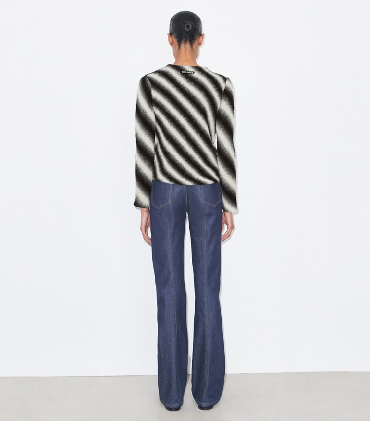 Tory Burch designer sweaters Striped Wool Sweater in Ivory / Black on model back