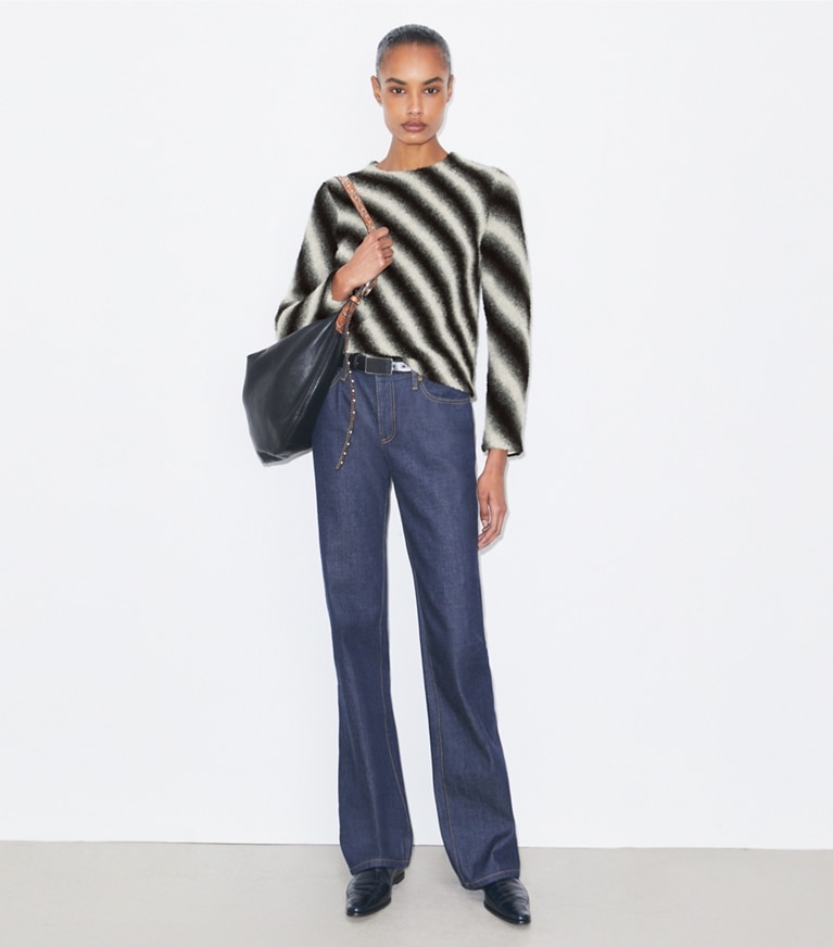 Tory Burch designer sweaters Striped Wool Sweater in Ivory / Black front