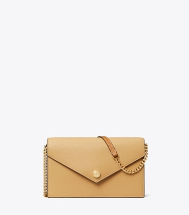 Tory Burch designer crossbody bags Strukturierte Geldbörse im Kuvert-Stil mit Kette in Biscotti front