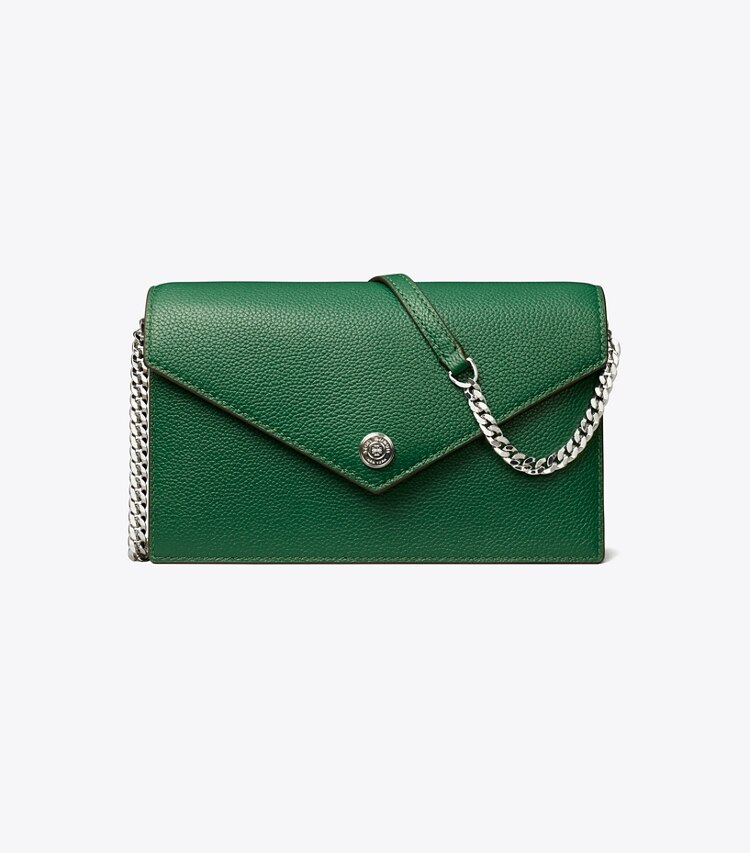 Tory Burch designer kleine taschen Strukturierte Geldbörse im Kuvert-Stil mit Kette in Dark Kale front