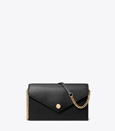 Tory Burch designer crossbody bags Strukturierte Geldbörse im Kuvert-Stil mit Kette in Black front