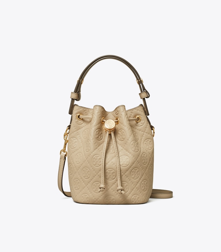 Tory Burch designer crossbody bags Strukturierte Mini Bucket Bag mit T-Monogramm in Fresh Clay angle