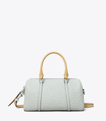 Tory Burch designer crossbody bags Strukturierte Petite Barrel Bag mit T-Monogramm in Light Titanium front