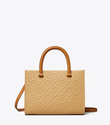 Tory Burch designer tote bags Strukturierte Tote Bag mit T-Monogramm und Tragegriffen oben in Biscotti front