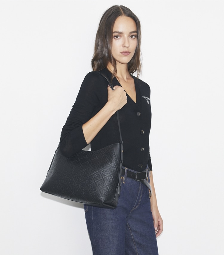 Tory Burch designer schultertaschen Strukturierte Umhängetasche mit T-Monogramm in Black accessory on model