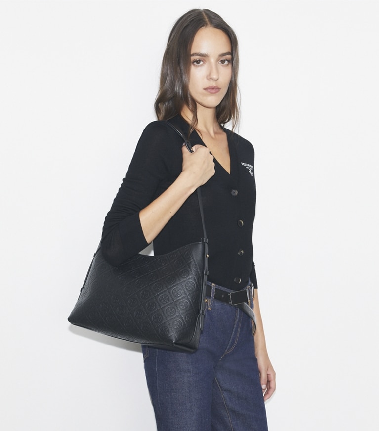 Tory Burch designer schultertaschen Strukturierte Umhängetasche mit T-Monogramm in Black angle