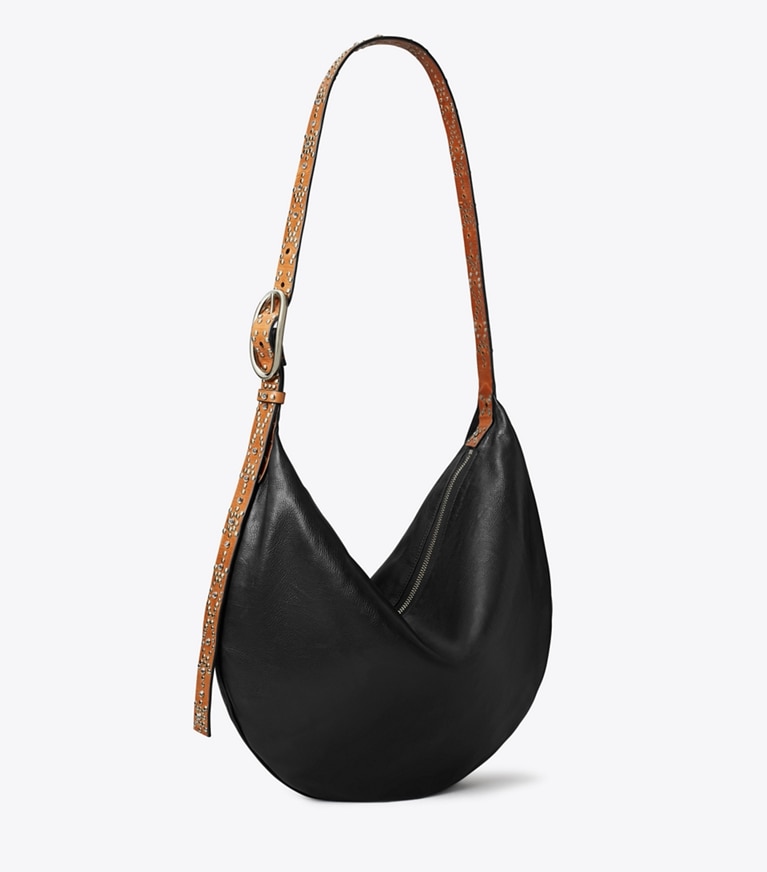 Tory Burch designer shoulder bags Studded Balloon Bag in Black angle