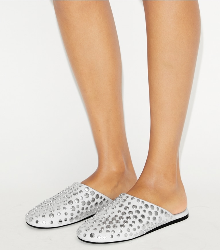 Tory Burch designer flats Studded Mule in CLOUD / SILVER angle