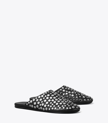 Tory Burch designer flats Studded Mule in PERFECT BLACK / SILVER angle