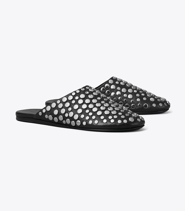 Tory Burch designer flats Studded Mule in PERFECT BLACK / SILVER angle
