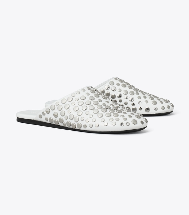 Tory Burch designer flats Studded Mule in CLOUD / SILVER angle