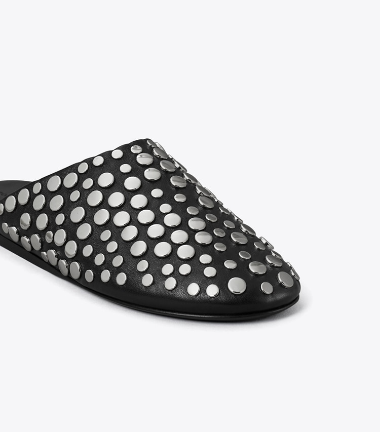 Tory Burch designer flats Studded Mule in PERFECT BLACK / SILVER detail