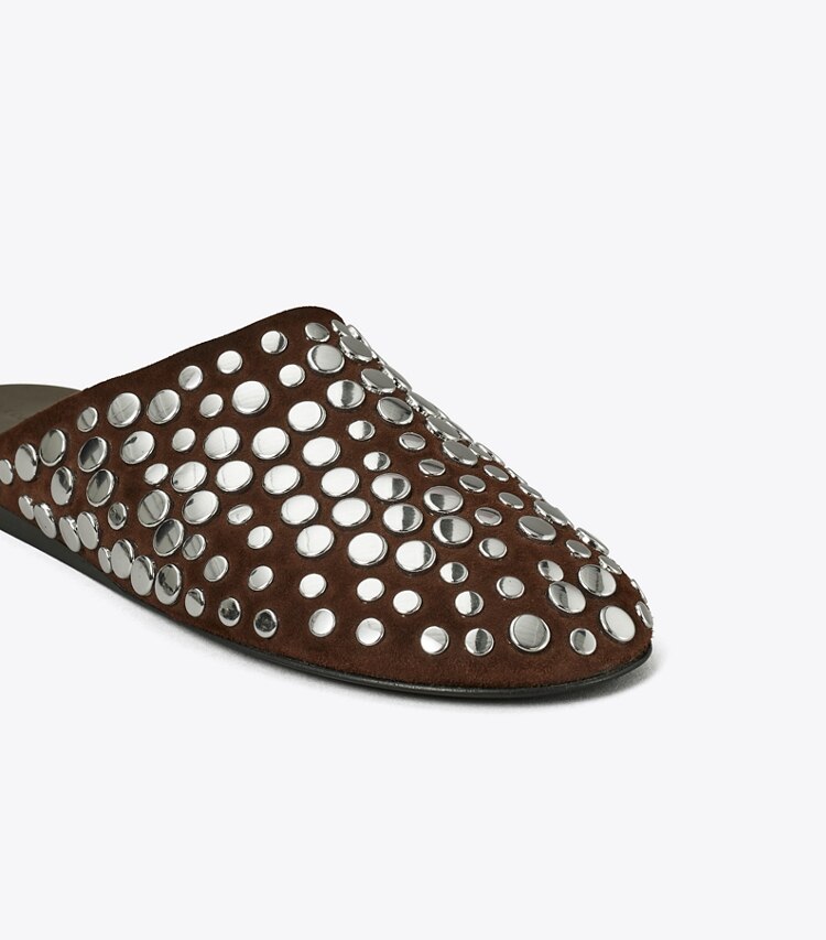 Tory Burch designer flats Studded Mule in DARK COCOA detail