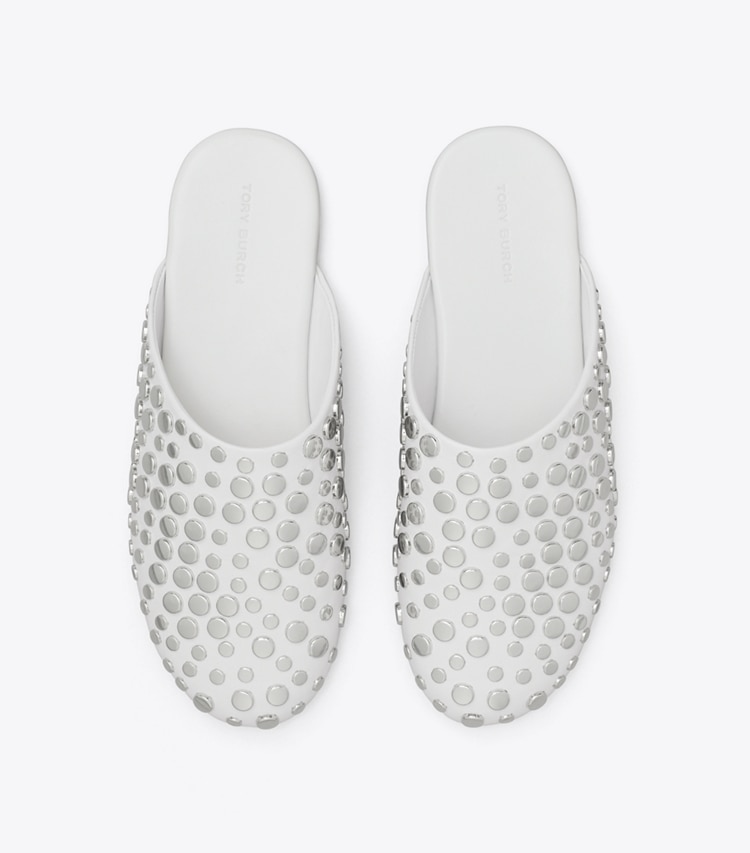 Tory Burch designer flats Studded Mule in CLOUD / SILVER overhead
