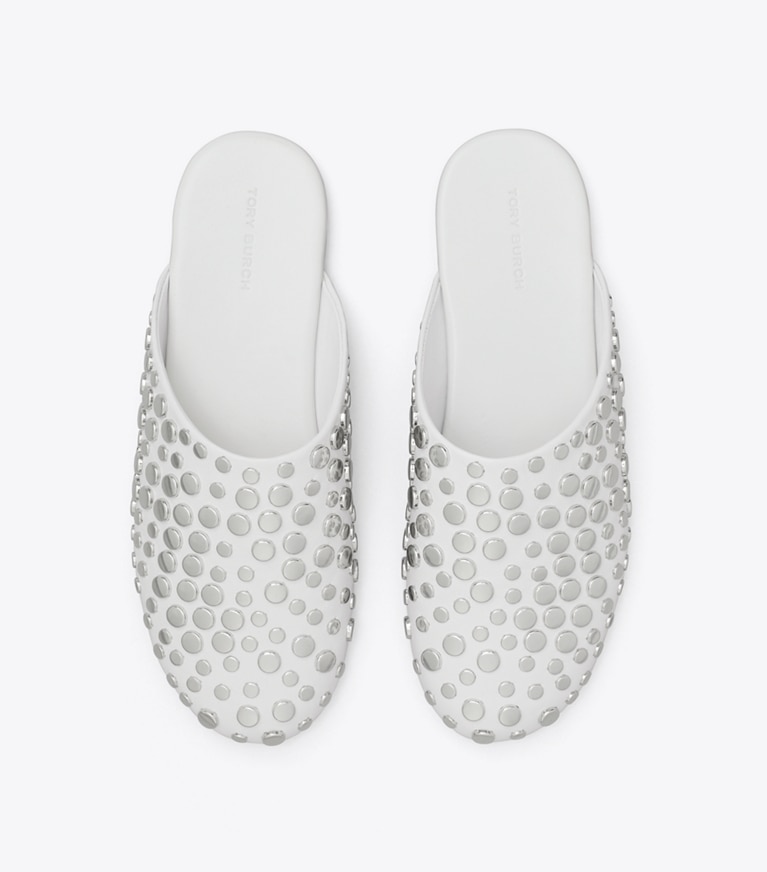 Tory Burch designer flats Studded Mule in CLOUD / SILVER angle