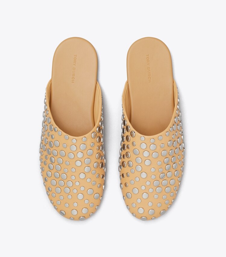 Tory Burch designer flats Studded Mule in CANTUCCI / SILVER overhead