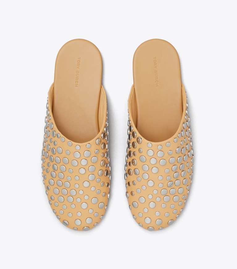 Tory Burch designer flats Studded Mule in CANTUCCI / SILVER overhead