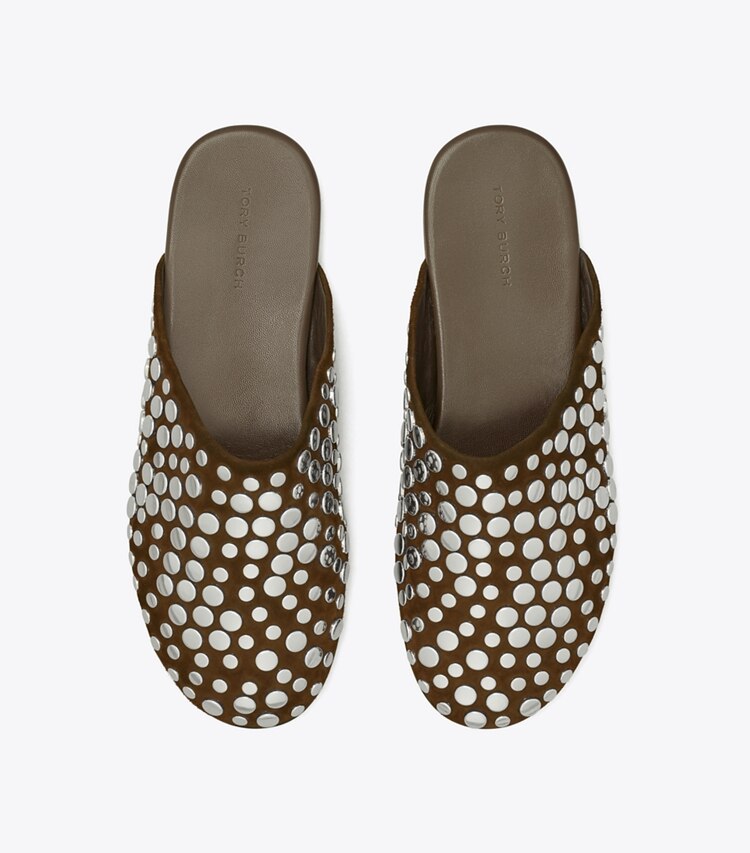 Tory Burch designer flats Studded Mule in DARK COCOA overhead