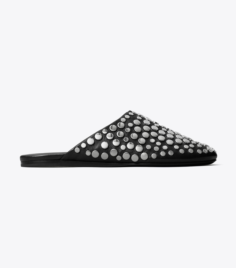 Tory Burch designer flats Studded Mule in PERFECT BLACK / SILVER side