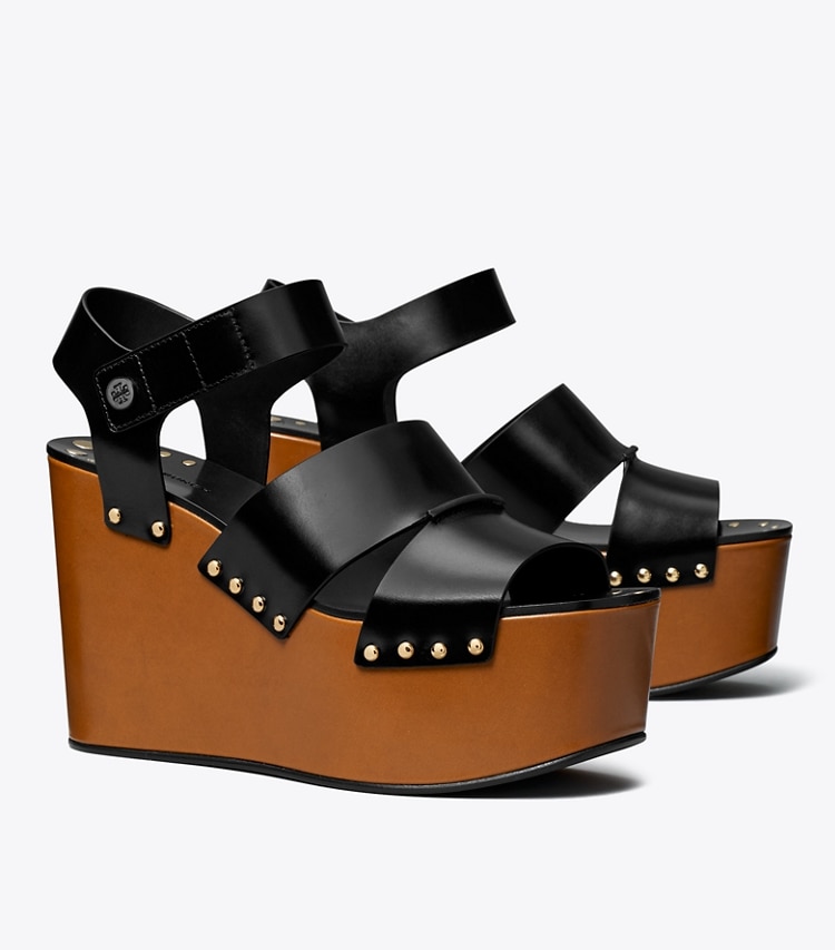 Tory Burch designer sandals Studded Platform Wedge in PERFECT BLACK angle