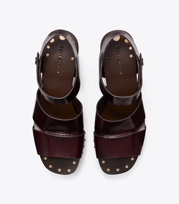 Tory Burch designer sandals Studded Platform Wedge in PLUM overhead