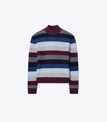 Tory Burch diseñador suéteres Suéter de cuello alto de lana merino en LOGANBERRY MULTICOLOR STRIPE frente