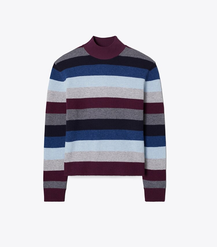 Tory Burch diseñador suéteres Suéter de cuello alto de lana merino en LOGANBERRY MULTICOLOR STRIPE frente