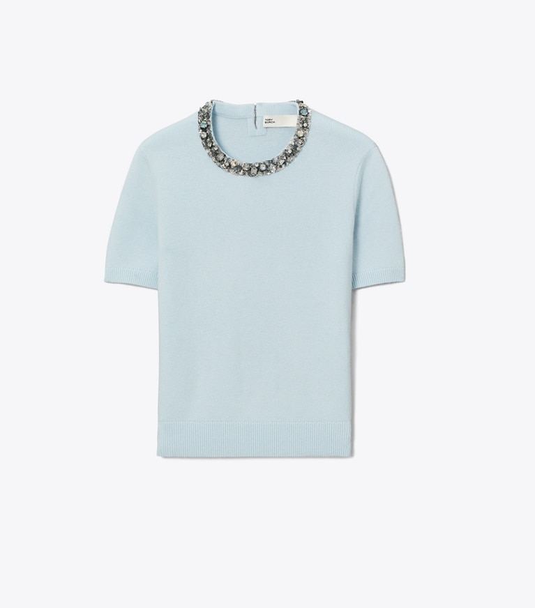 Tory Burch diseñador jerséis Suéter de lana adornado en Frozen Sky frente