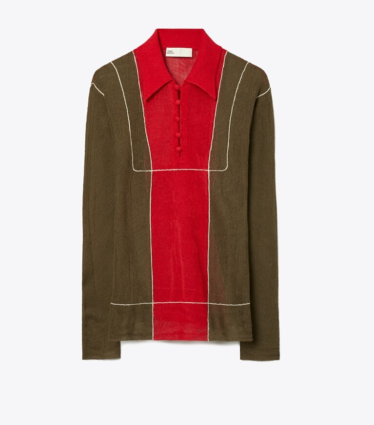 Tory Burch diseñador suéteres Suéter de lana con bloques de color en Olive / Red frente