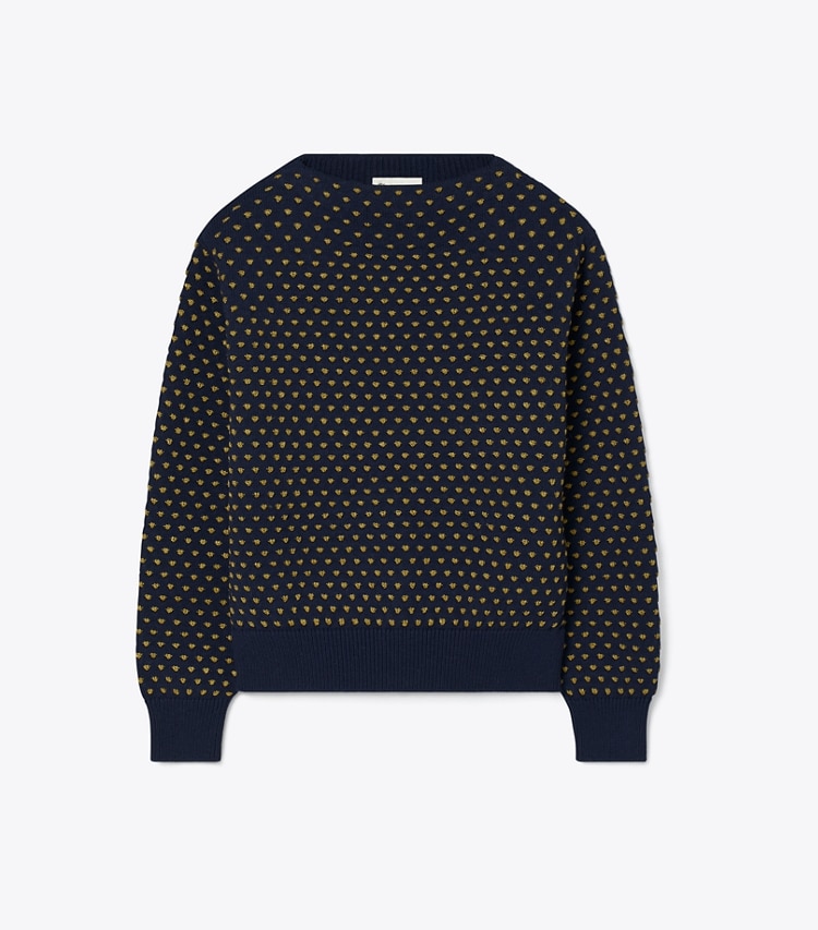 Tory Burch diseñador jerséis Suéter de lana con bordado de rafia en Navy / Raffia frente