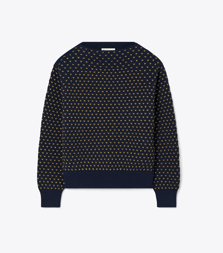 Tory Burch diseñador jerséis Suéter de lana con bordado de rafia en Navy / Raffia frente