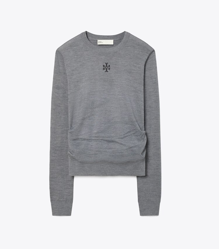 Tory Burch diseñador suéteres Suéter de lana con logotipo T en Frosted Gray Melange frente