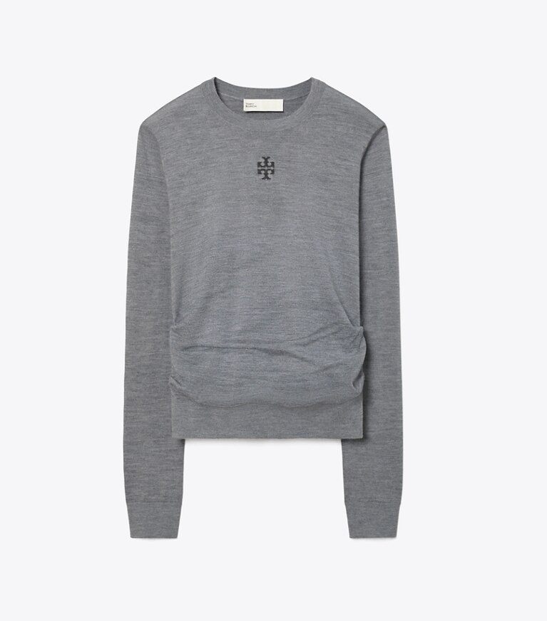 Tory Burch diseñador suéteres Suéter de lana con logotipo T en Frosted Gray Melange frente