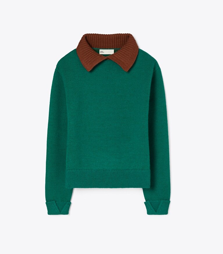 Tory Burch diseñador suéteres Suéter de lana en Emerald / Dark Cranberry frente