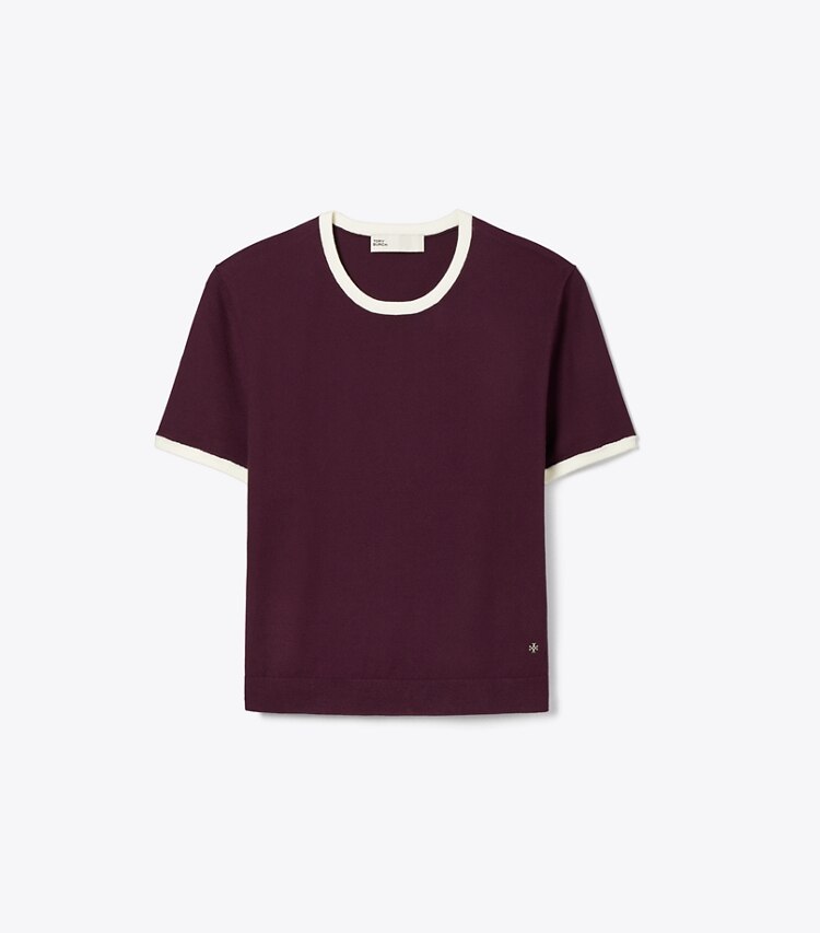 Tory Burch diseñador suéteres Suéter de manga corta con ribete en contraste en Dark Merlot frente