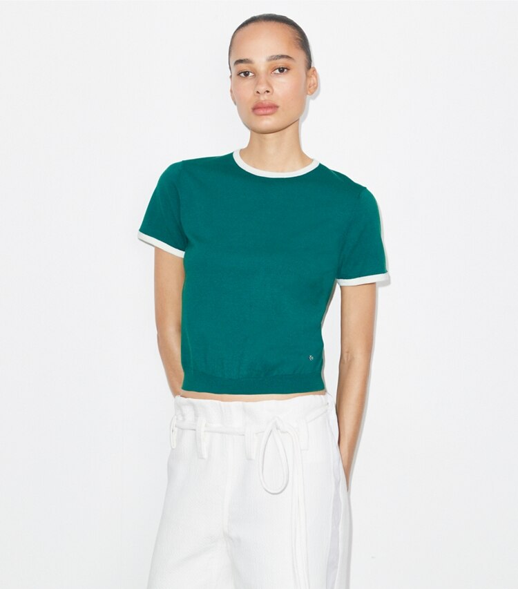 Tory Burch diseñador suéteres Suéter de manga corta con ribete en contraste en Emerald detalle en modelo