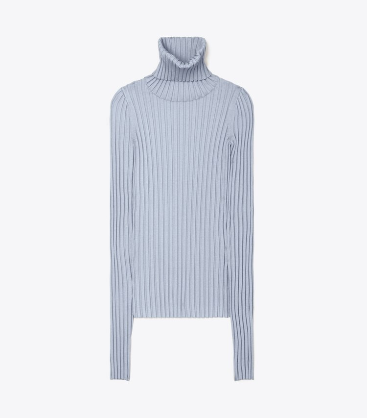 Tory Burch diseñador suéteres Suéter de punto acanalado de cuello alto en PEWER BLUE frente