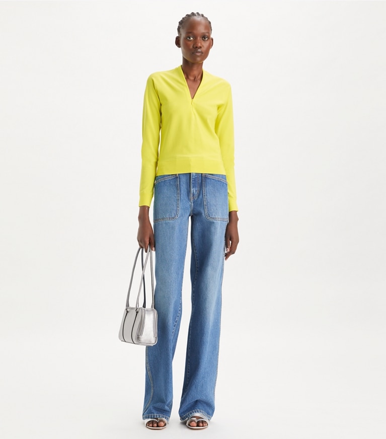 Tory Burch diseñador suéteres Suéter de viscosa con cremallera en Lemon Citrus adicional en modelo