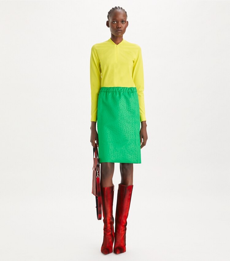 Tory Burch diseñador suéteres Suéter de viscosa con cremallera en Lemon Citrus frente en modelo