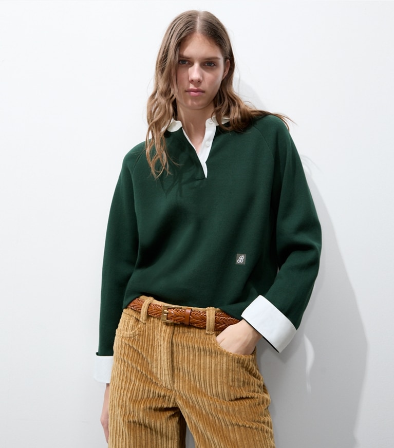 Tory Burch diseñador jerséis Suéter estilo rugby en Deep Green detalle en modelo