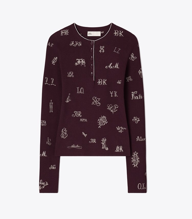 Tory Burch diseñador suéteres Suéter Henley bordado en Evening Plum frente