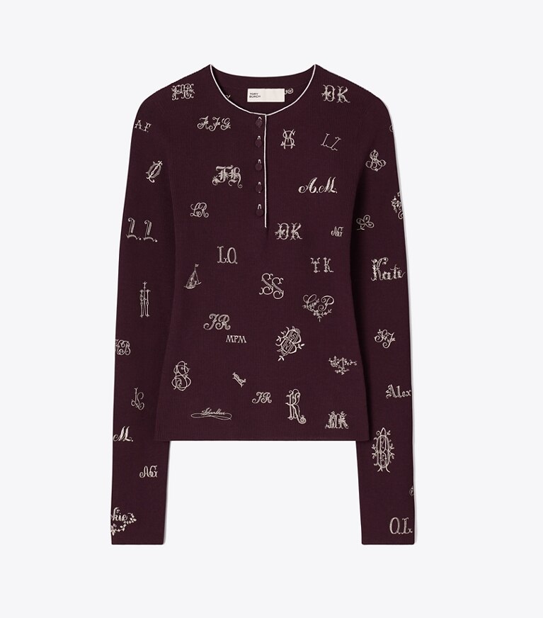 Tory Burch diseñador suéteres Suéter Henley bordado en Evening Plum frente