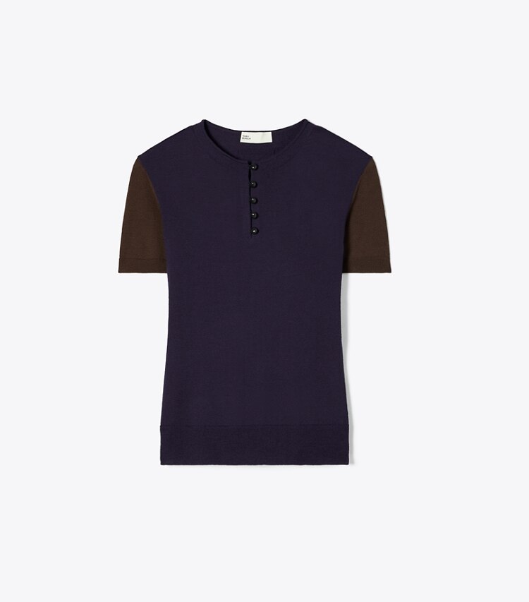 Tory Burch diseñador suéteres Suéter Henley de lana en Dark Brown / Deep Blue frente