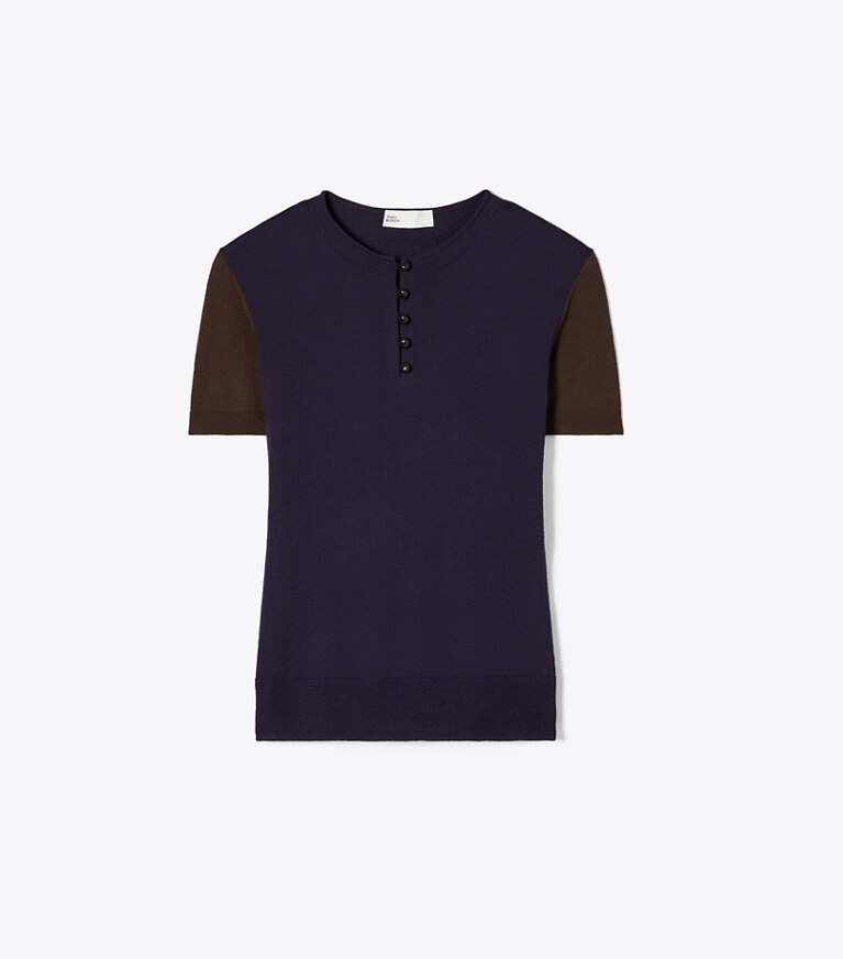 Tory Burch diseñador suéteres Suéter Henley de lana en Dark Brown / Deep Blue frente